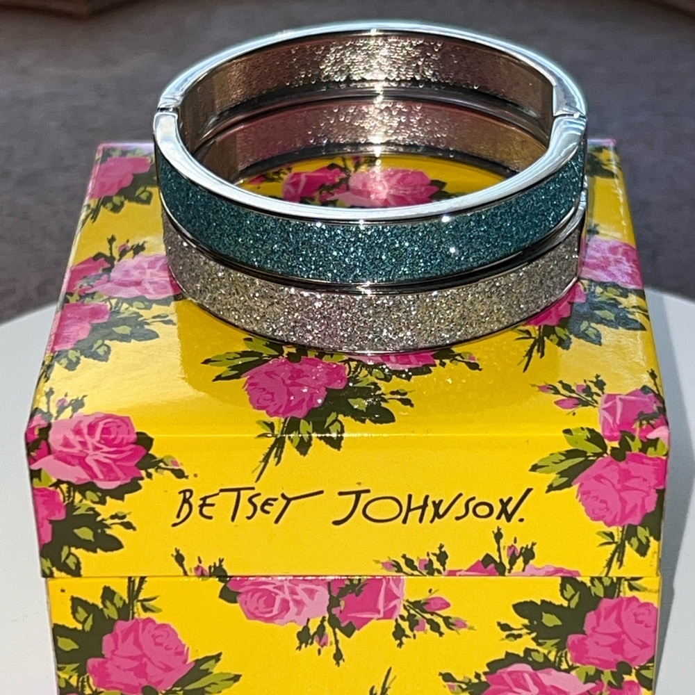 Betsey Johnson Teal and Silver Glitter Bangle Bracelet Set